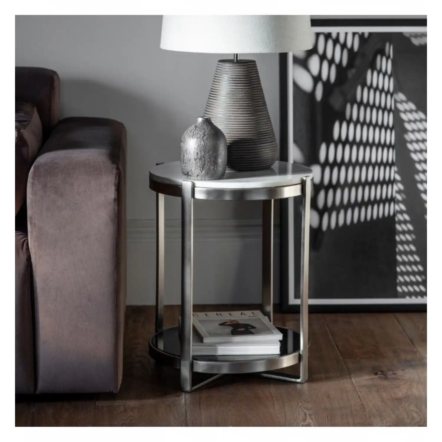 Metal And Marble Brushed Chrome Round Side Table