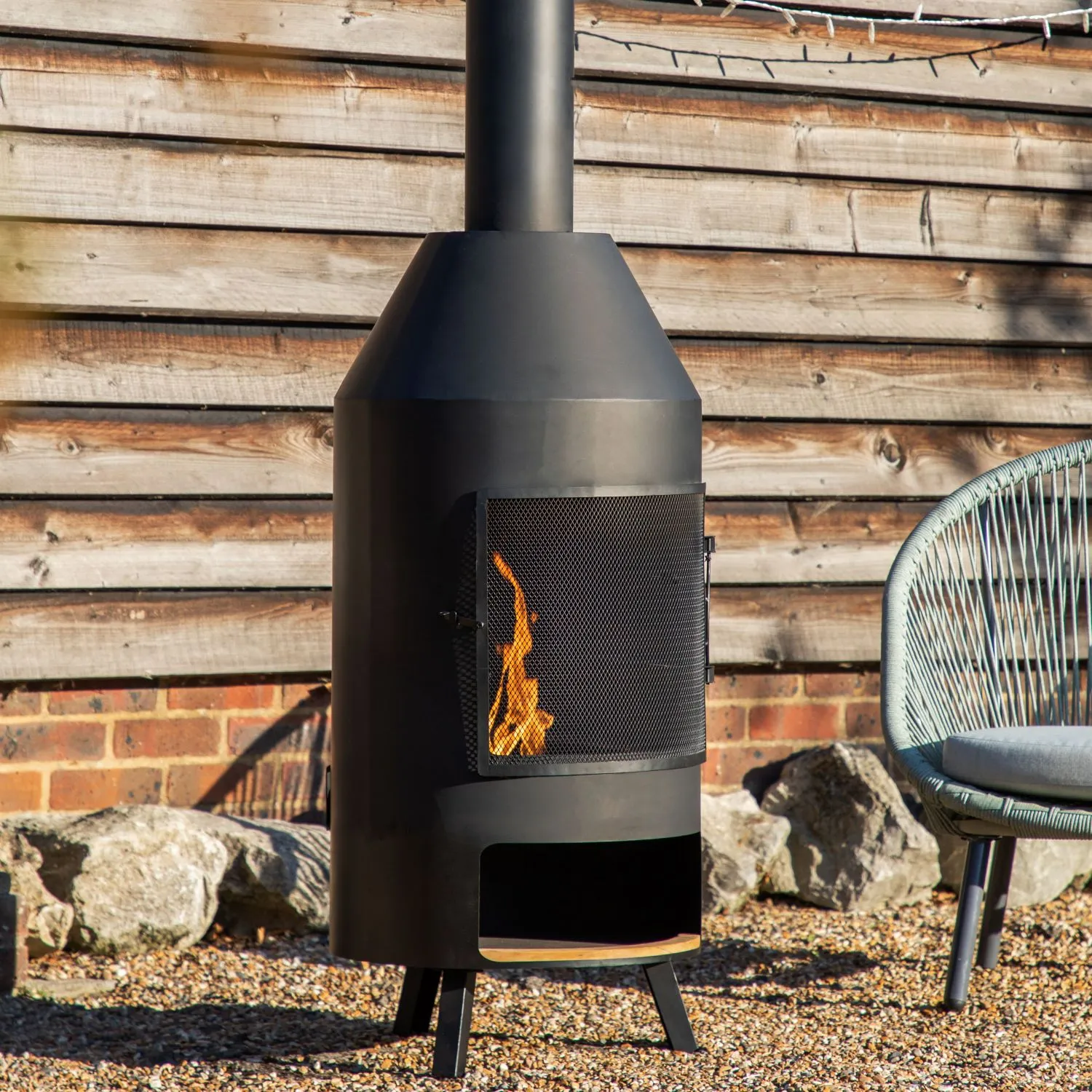 Grey Metal and Teak Wood Outdoor Chiminea with Pizza Shelf