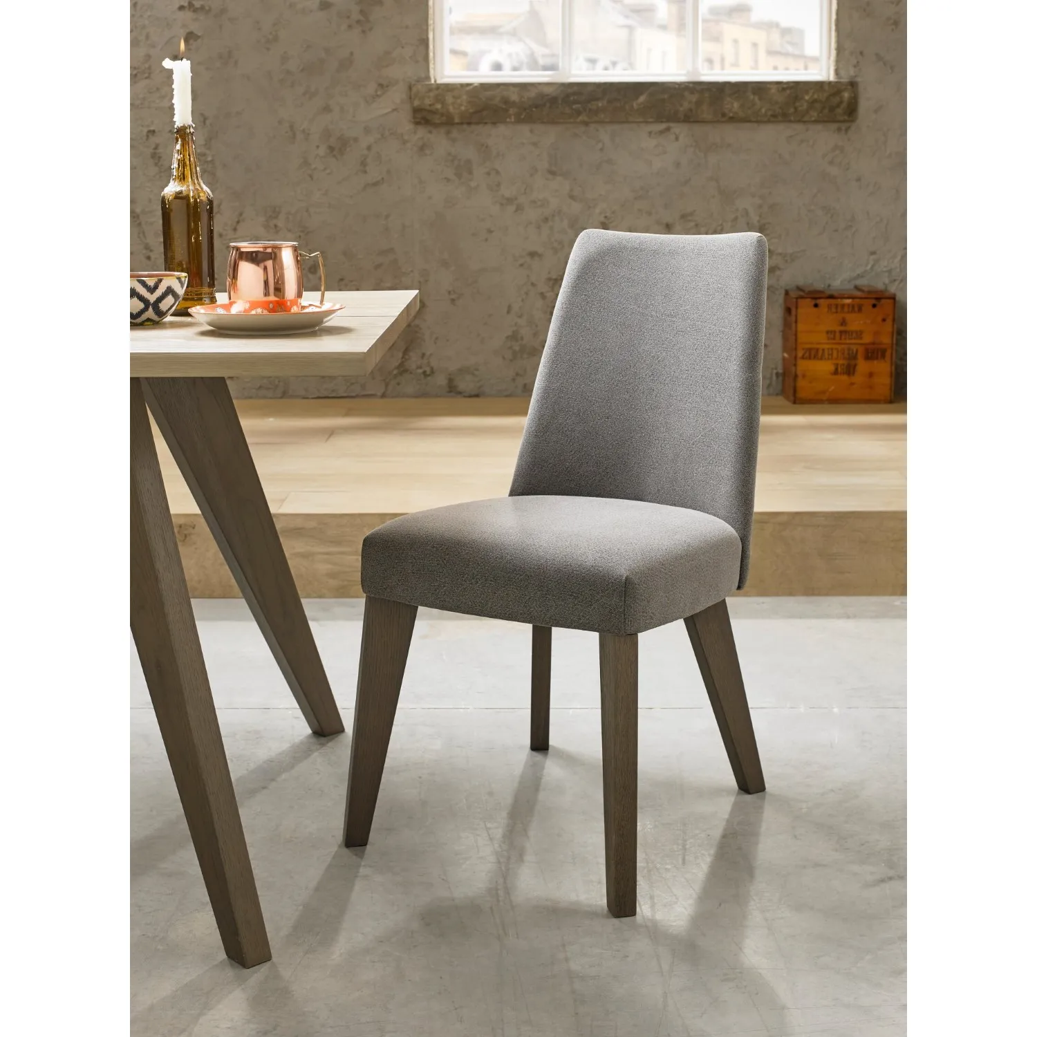 Pair of Grey Fabric Aged Oak Dining Chairs