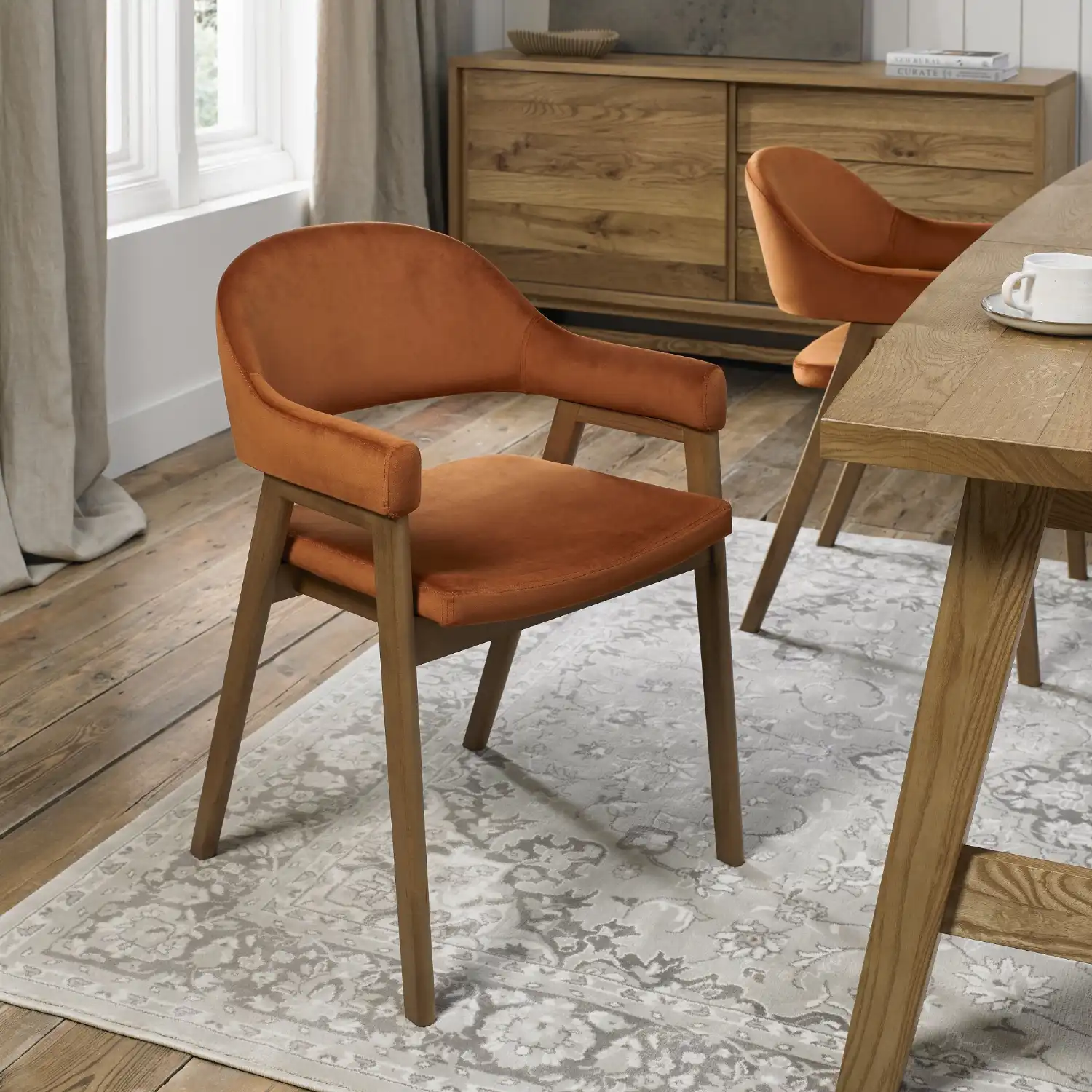 Rust Velvet Fabric Dining Arm Chair Rustic Oak Base