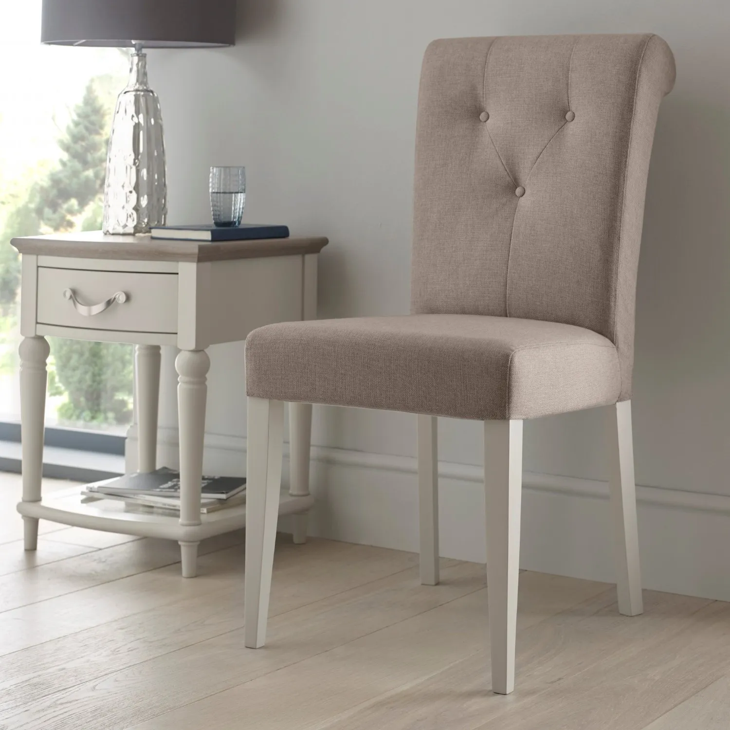 Grey Painted Fabric Roll Back Dining Chair