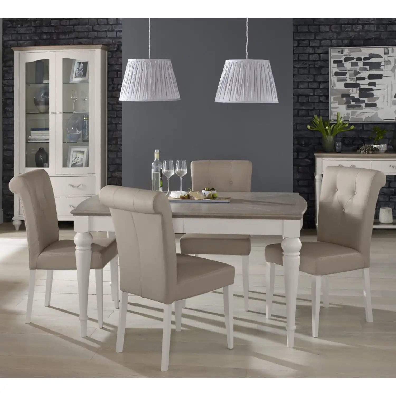 Grey Oak Dining Table Set with 4 Grey Leather Chairs