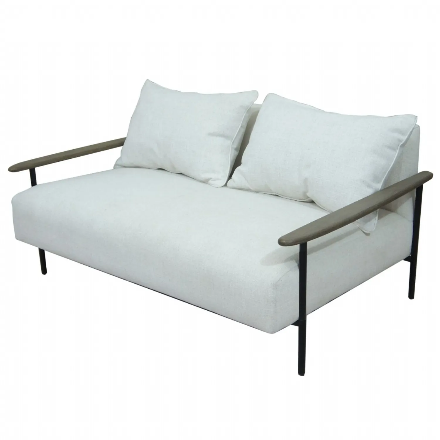 Pale Grey Two Seater Sofa With Wooden Arms and Steel Frame