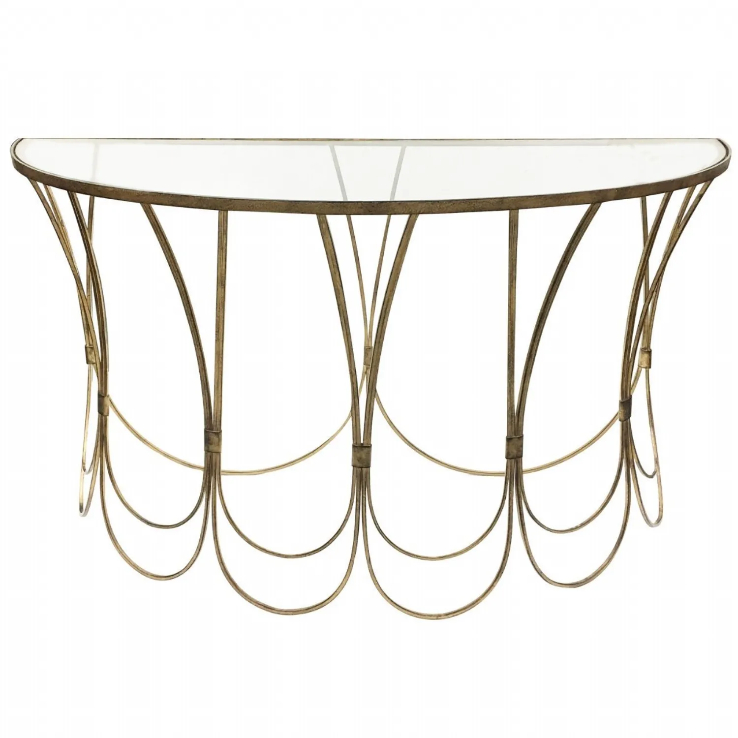 Gold Metal Console Table Clear Glass Top Scalloped Legs