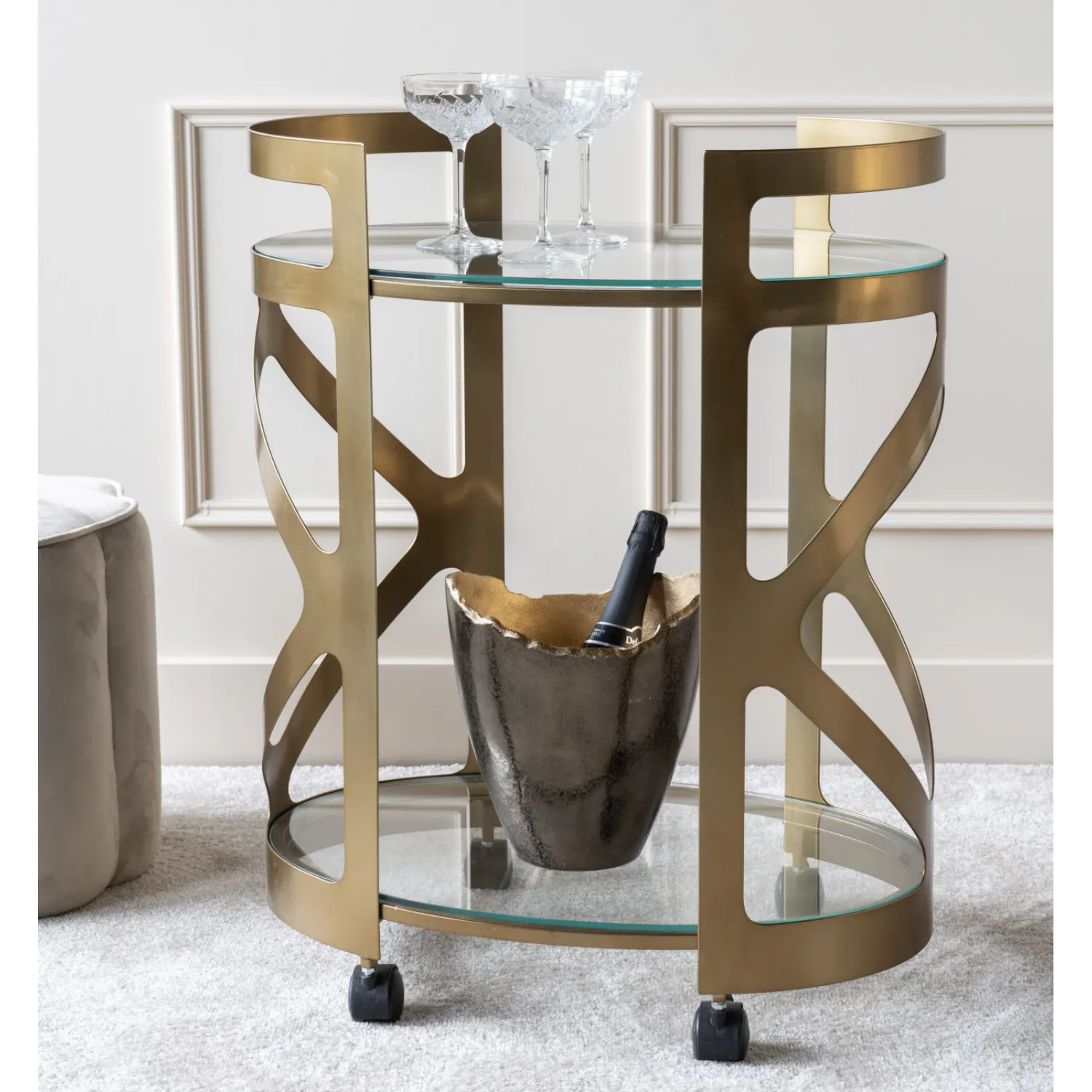 Bronze Metal Drinks Trolley with Glass Shelves