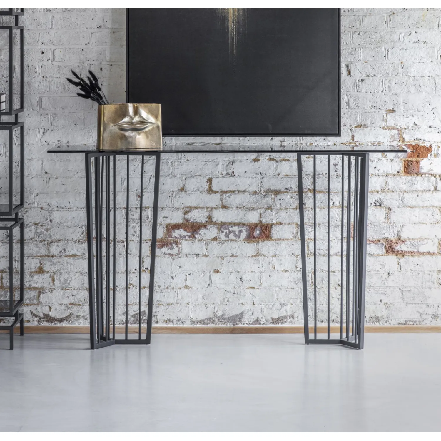 Black Metal Frame and Tinted Grey Glass Top Console Table