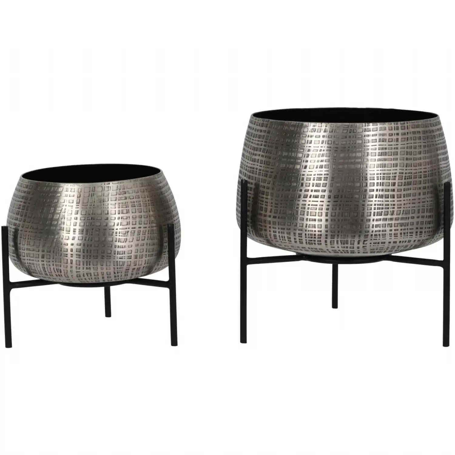 Tabletop Nickel Set of 2 Planters on Black Stands