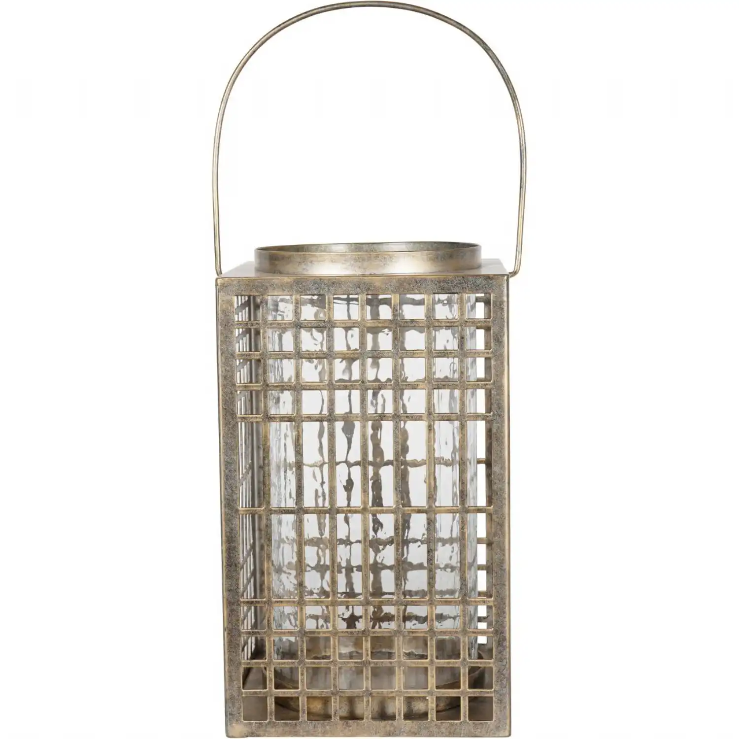 Fretwork Square Lantern in Aged Gold with Glass Flute