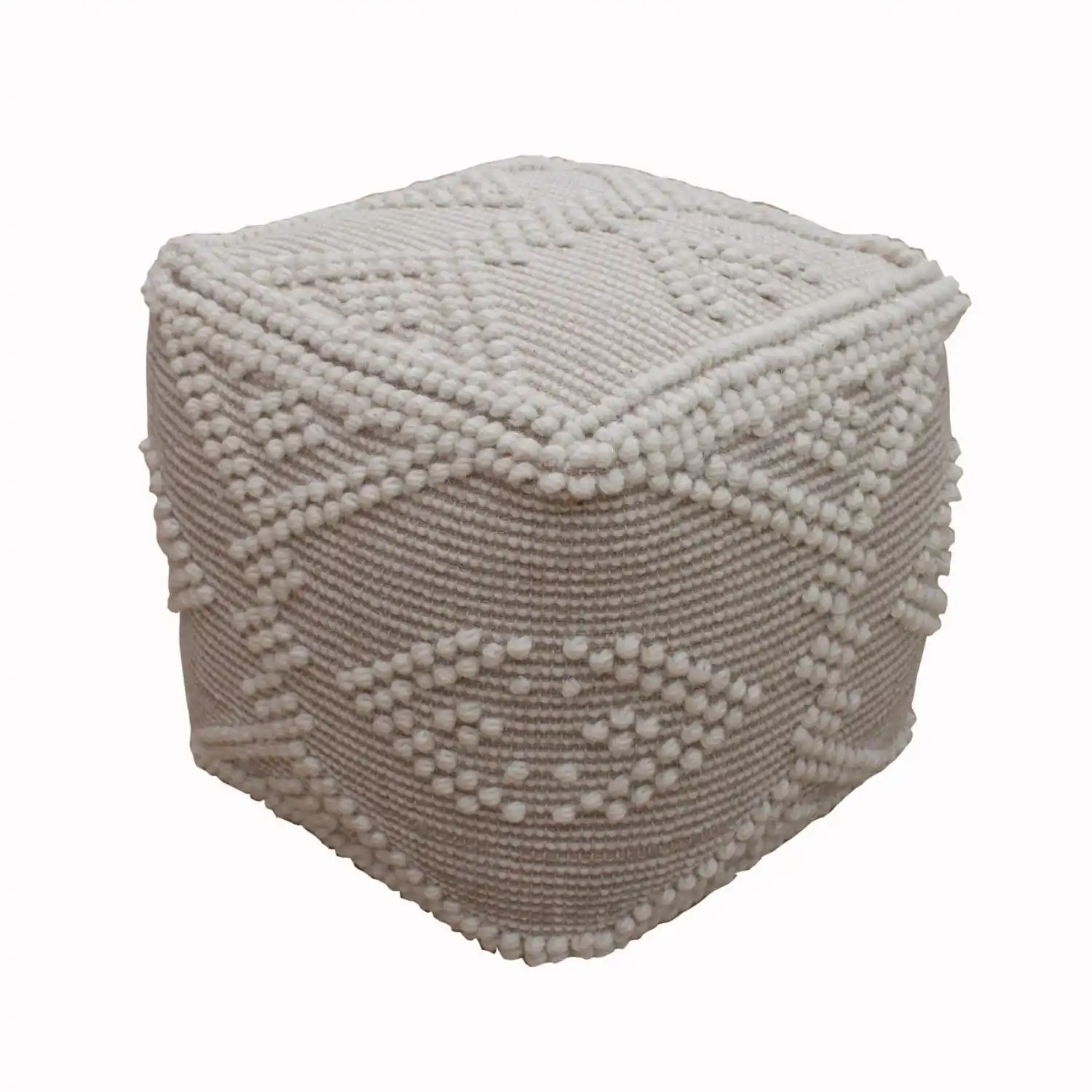 Hand Woven Ivory And Beige Wool And Cotton Pouffe