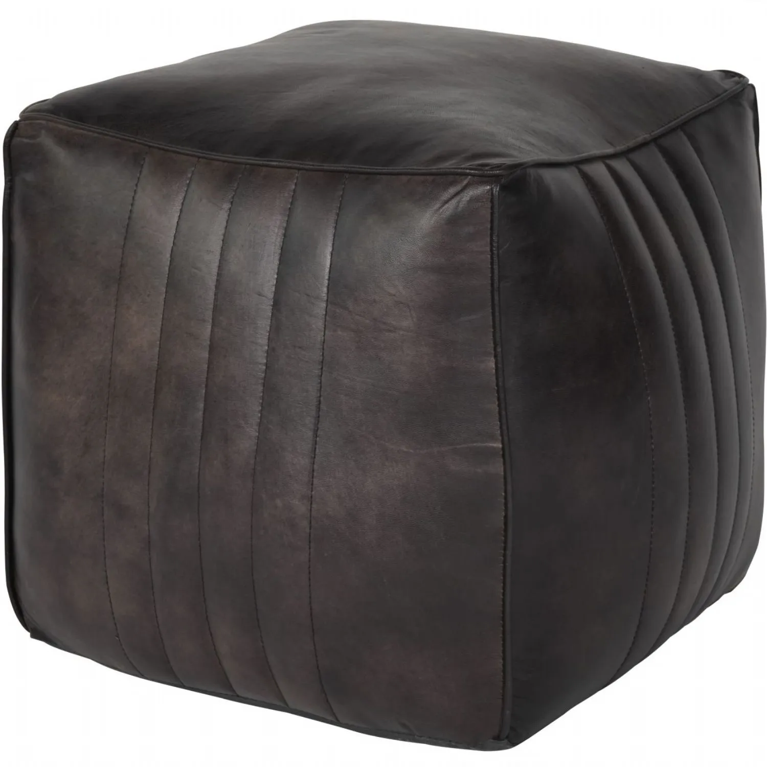 Charcoal Leather Square Pouffe Train Track Stitching