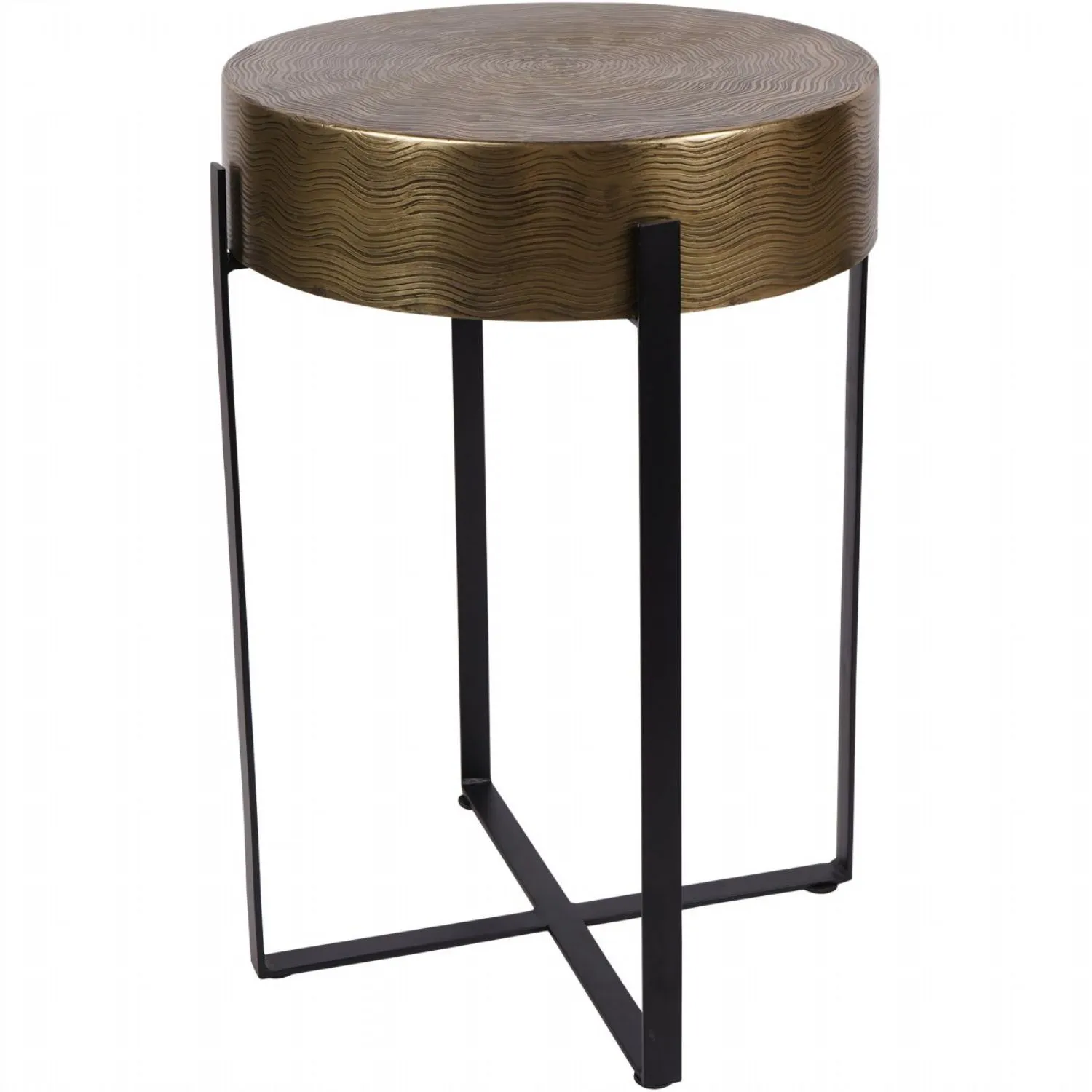 Etched Brass Finish Round Side Table Cross Black Metal Stand