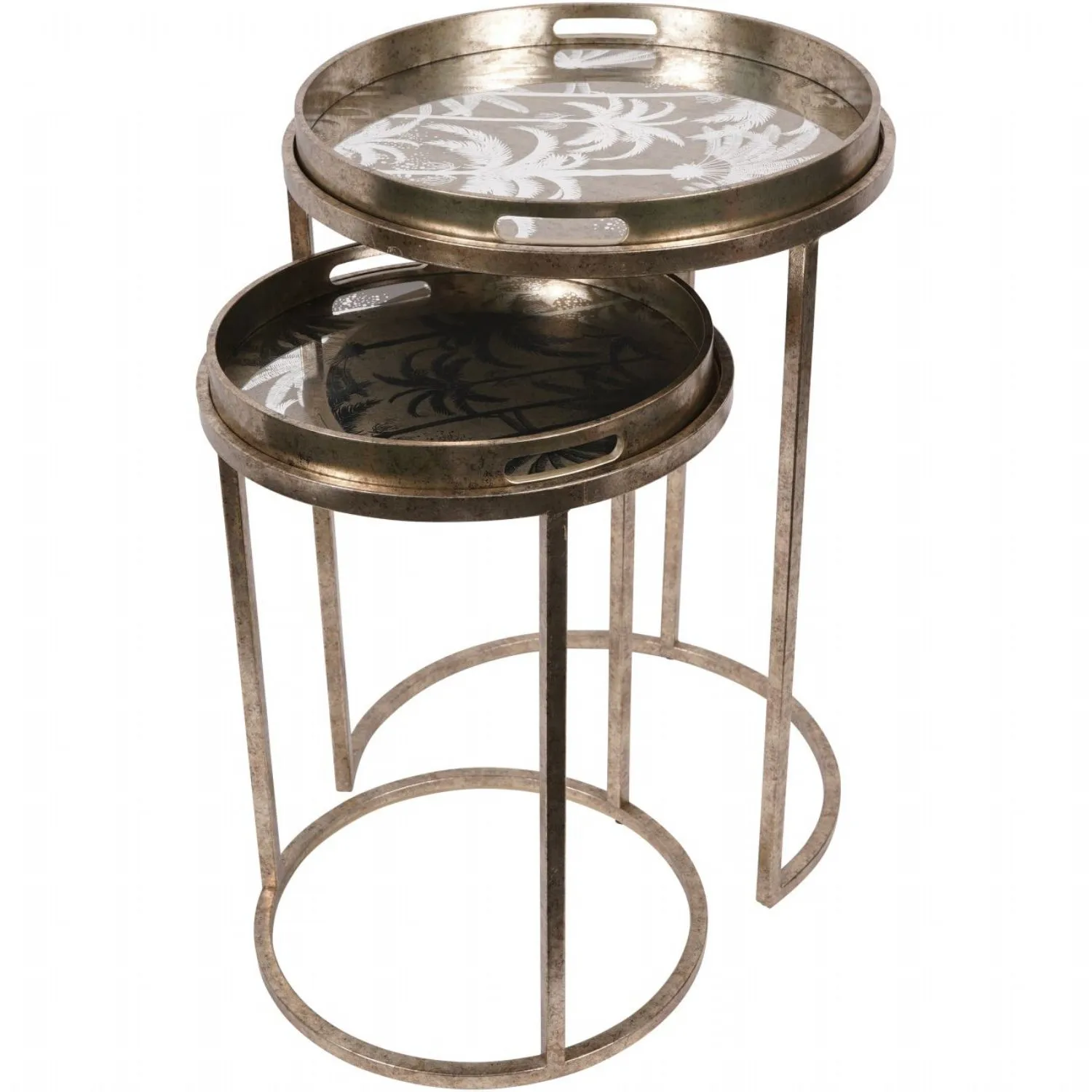 Mirrored Gold Set of Palm Tree Round Nesting Tray Top Tables