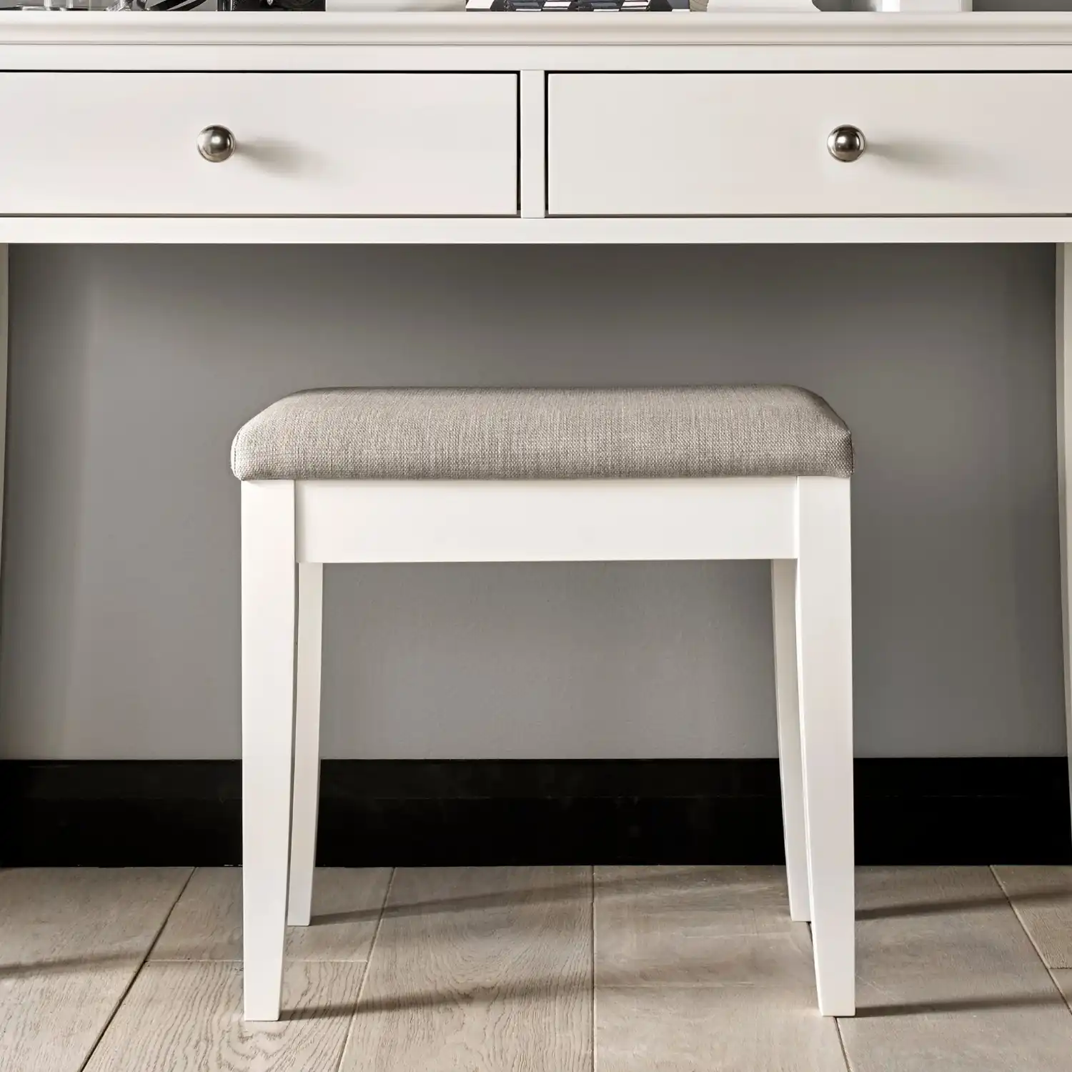 White Painted Dressing Table Stool in Grey Fabric