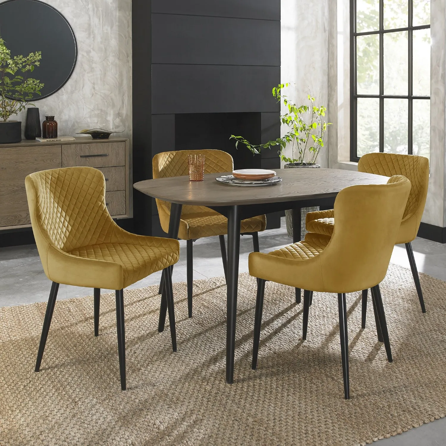 Weathered Oak Dining Table Set Yellow Velvet Fabric Chairs
