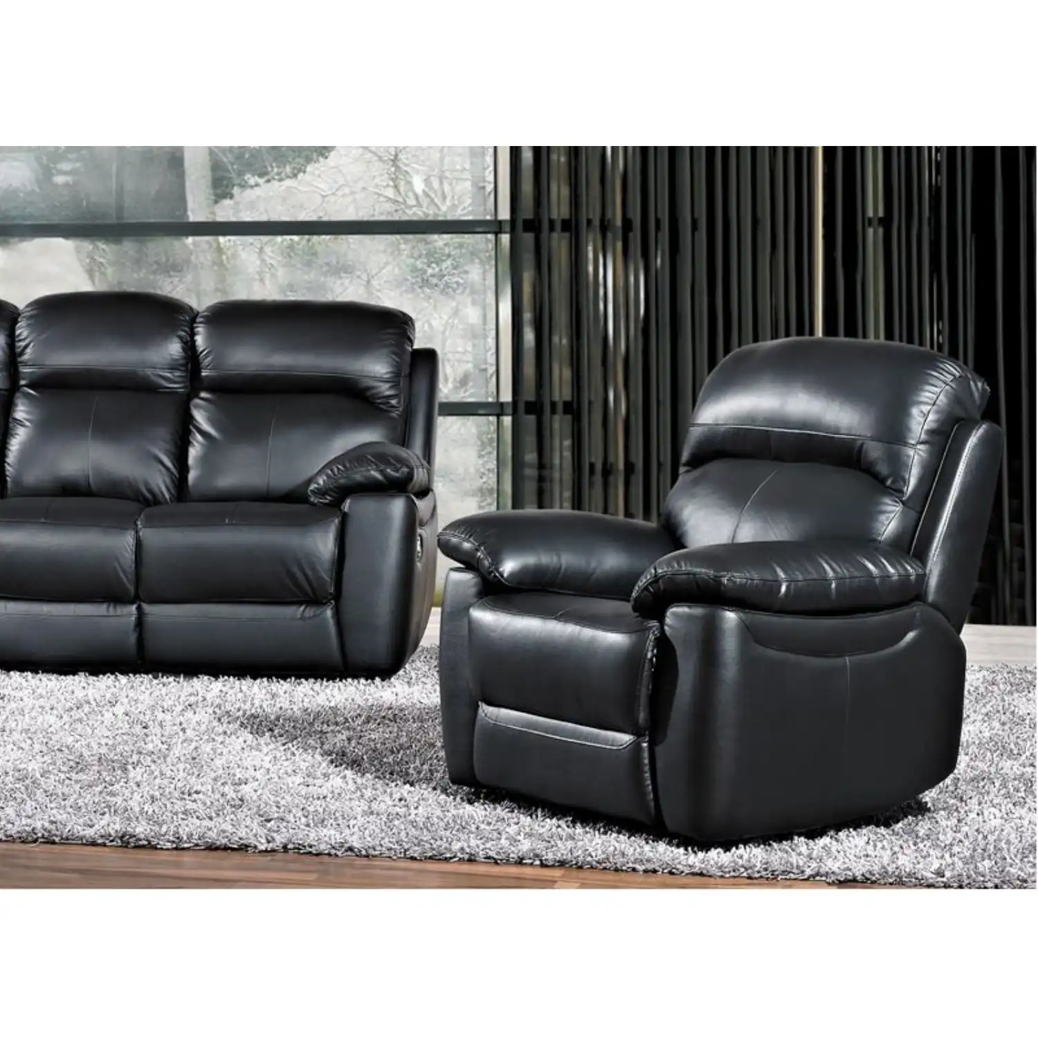 Black Leather Fixed Living Armchair