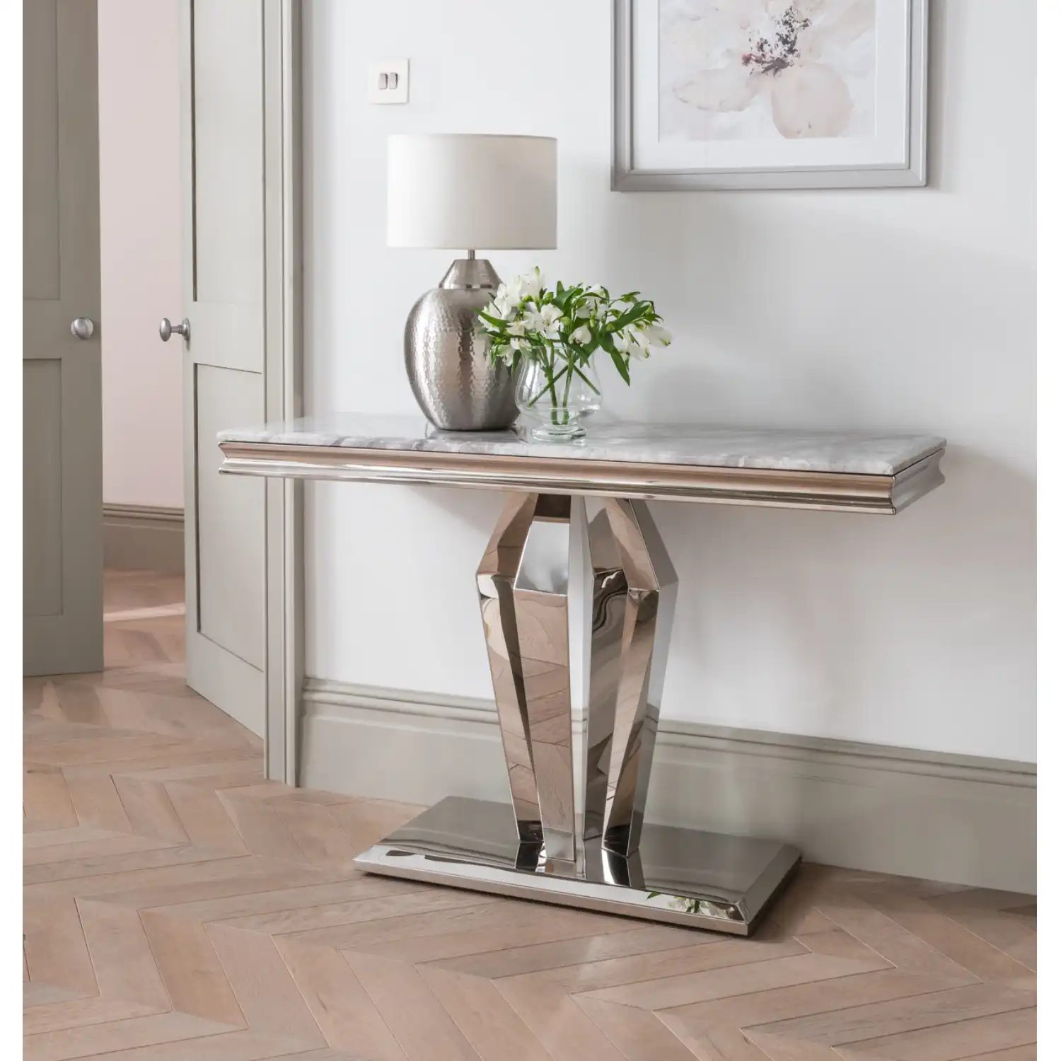 Grey Marble Console Table Steel Base 120cm Wide