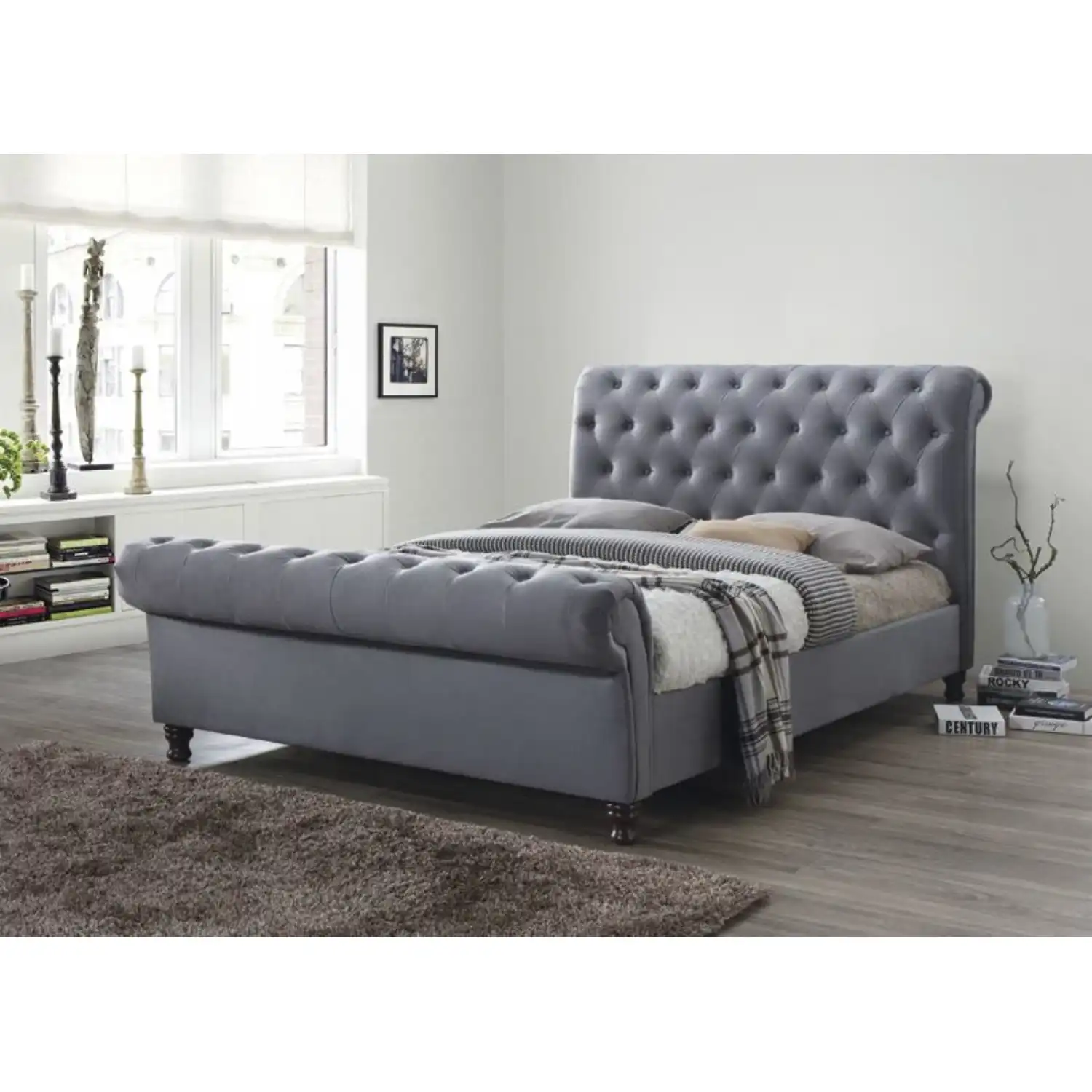 Grey Fabric King Size Scrolled Buttoned Bed