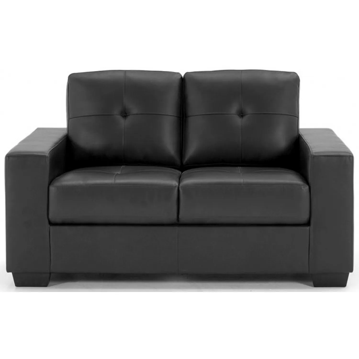 2 Seater Black Leather Buttoned Sofa Dark Wood Base Wide
