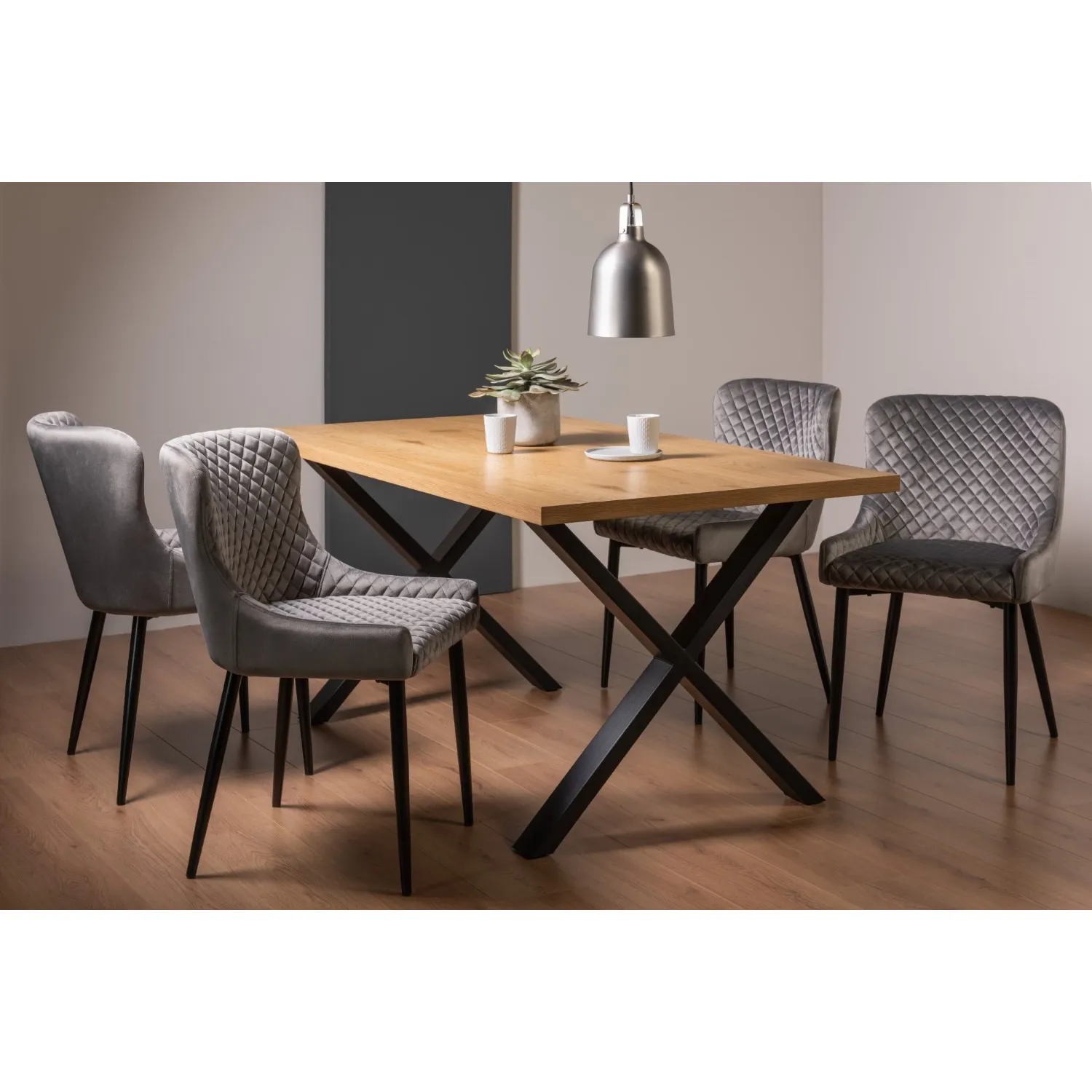 Rustic Oak Dining Table Set 4 Grey Velvet Fabric Chairs