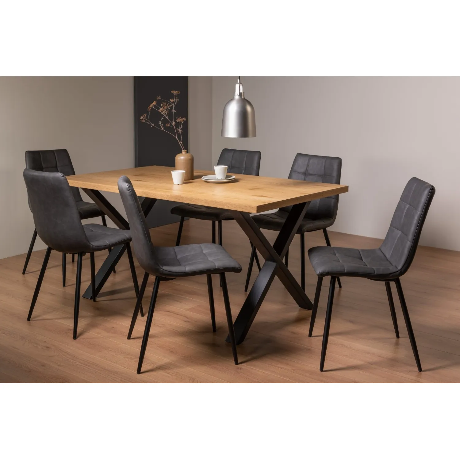 Rustic Oak Dining Table Set 6 Dark Grey Leather Chairs