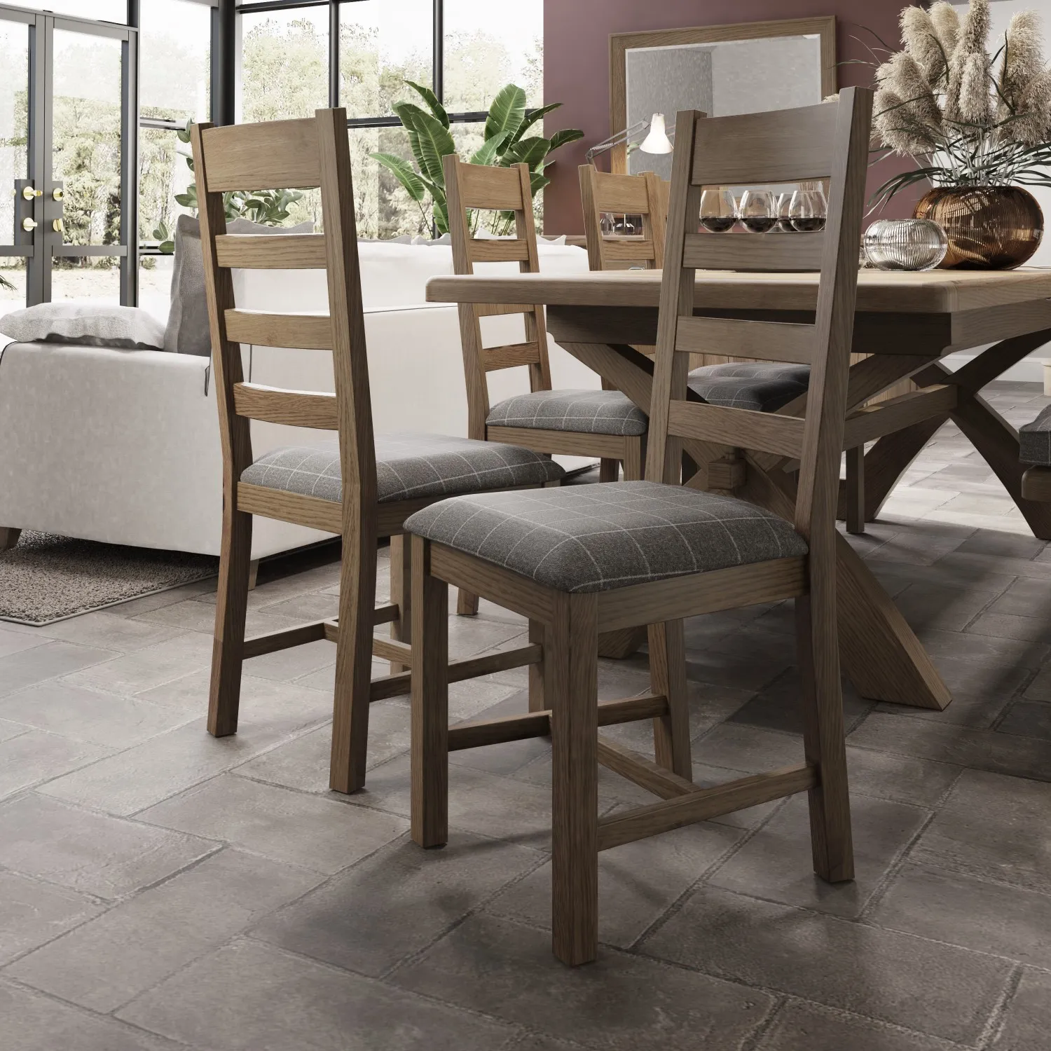 Slatted Dining Chair Grey Check