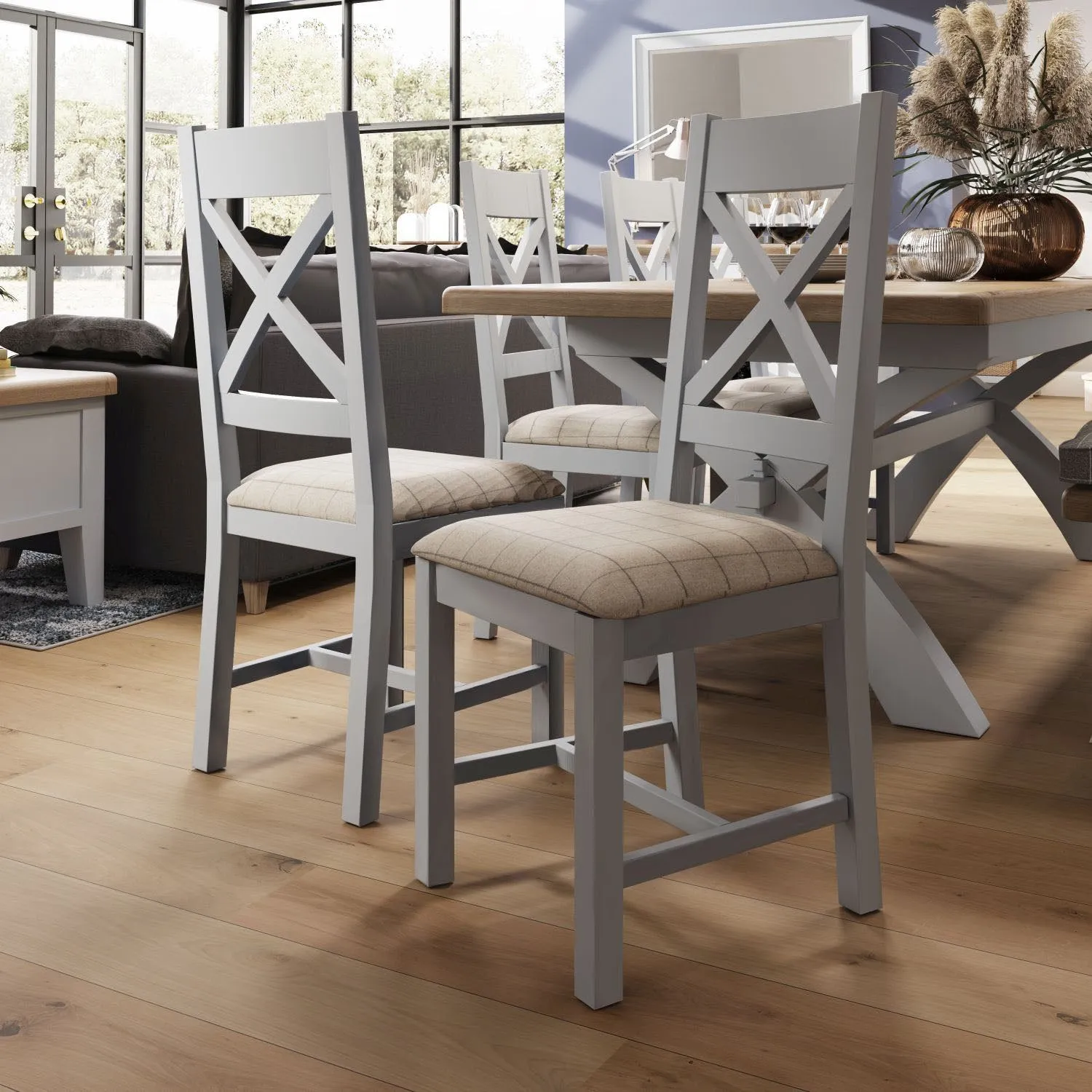 HOP Dining Grey Crossback Chair with Fabric Seat in Check Natural