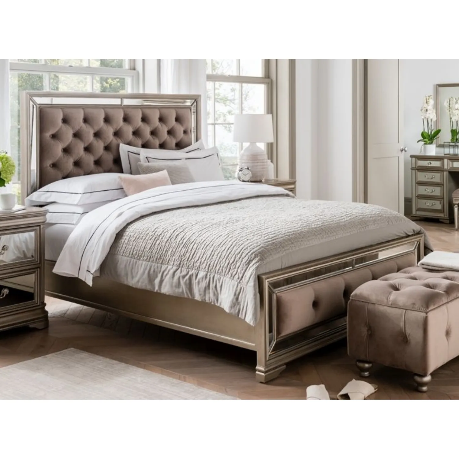 Classic Taupe Velvet Fabric 5ft King Size Bed Frame