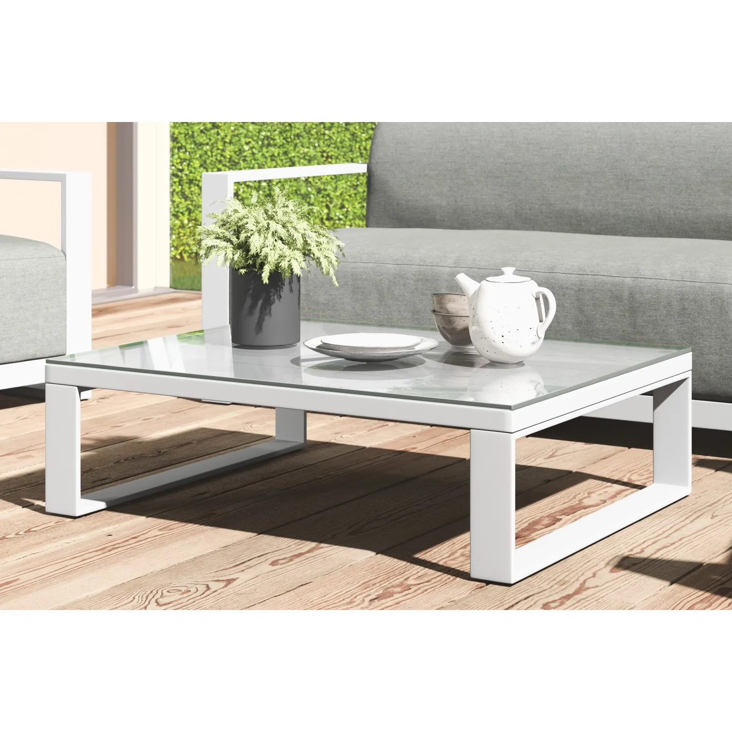White Metal Outdoor Coffee Table with Glass Top