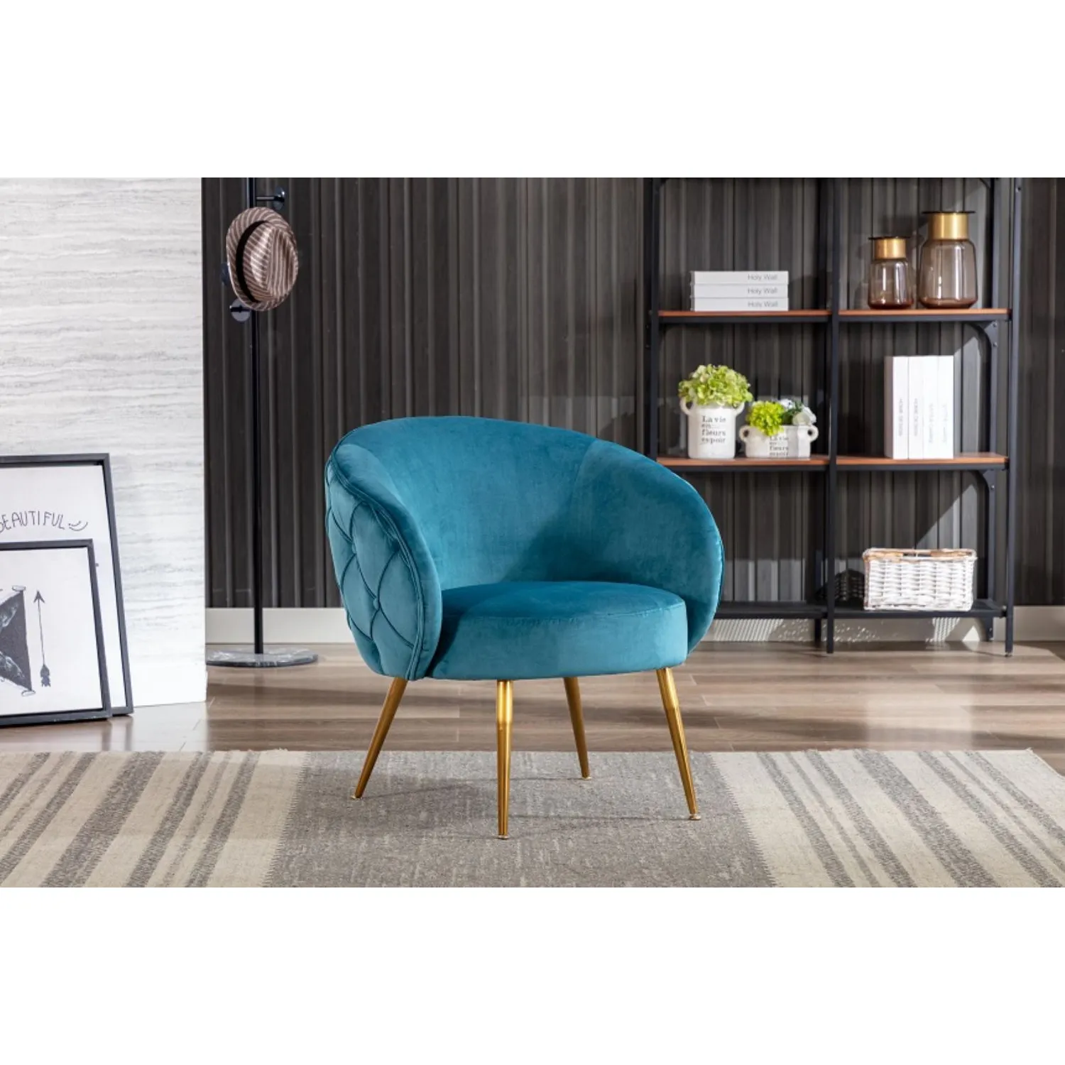 Blue Velvet Fabric Accent Tub Chair with Gold Legs