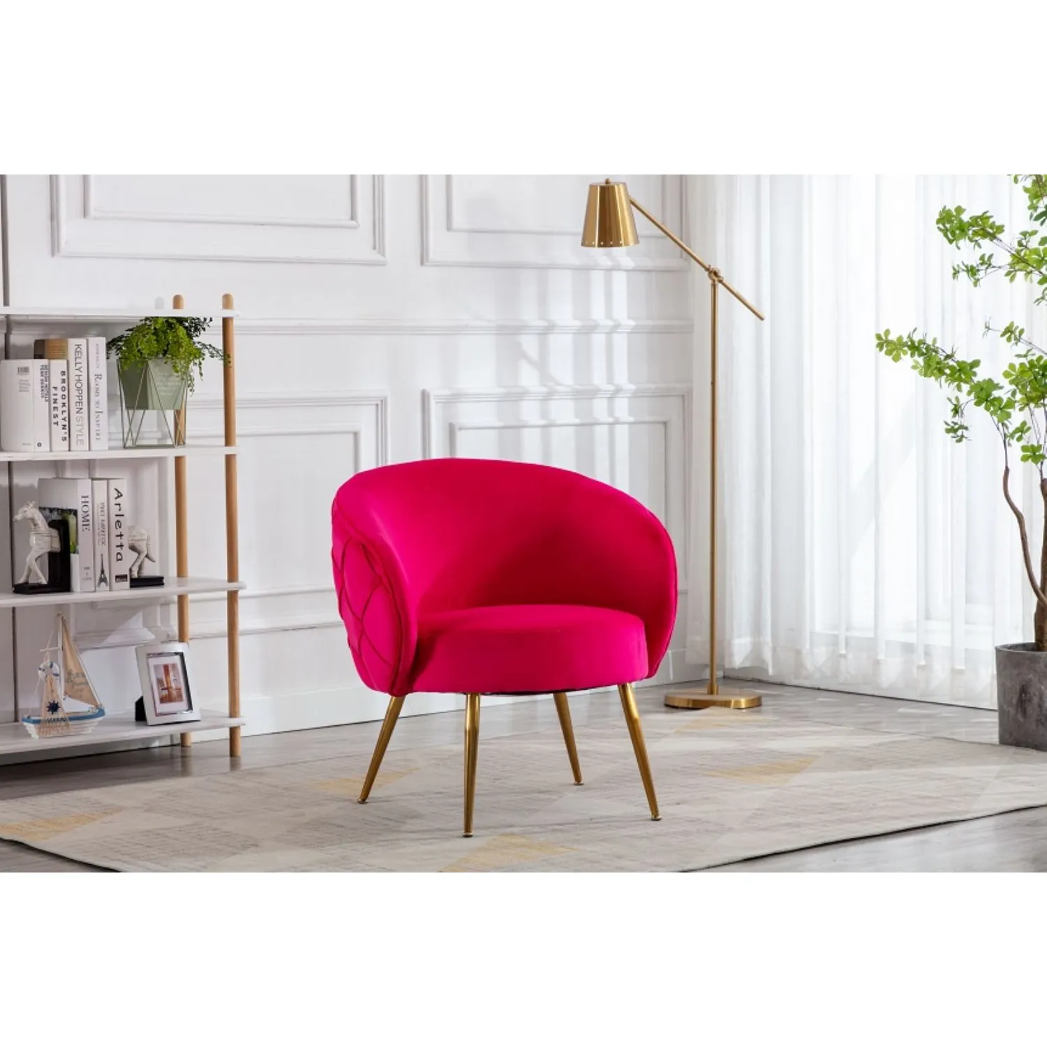 Raspberry Velvet Fabric Accent Tub Chair with Gold Legs