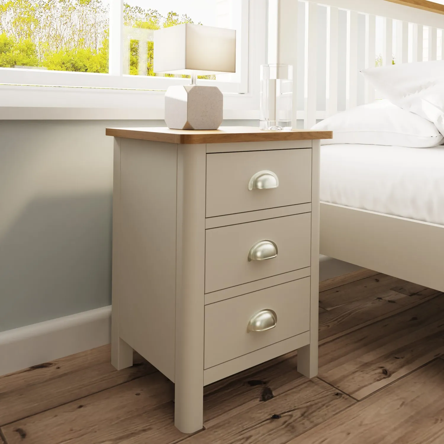 Grey Painted 3 Drawer Bedside Chest Oak Top