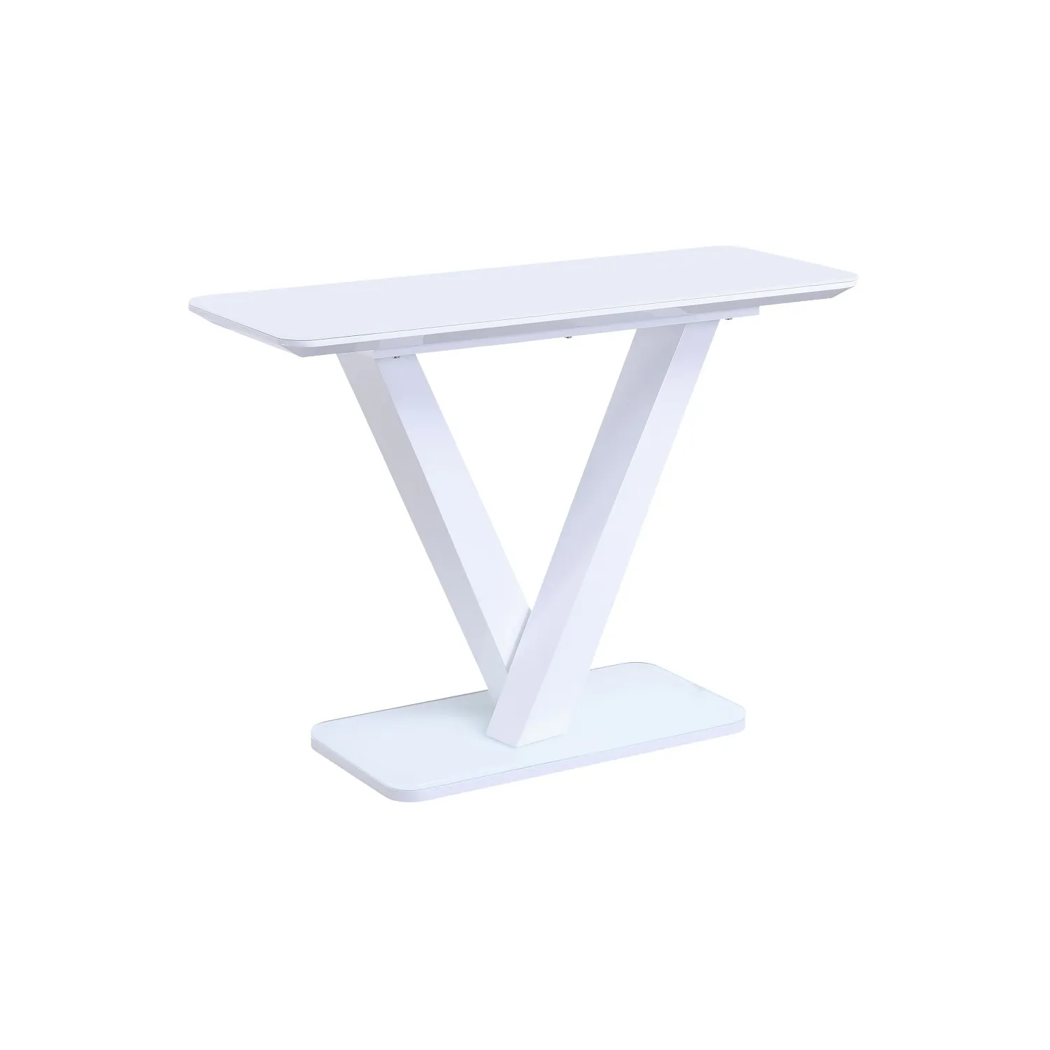 Modern White Glass Top Console Table V Shaped Steel Base