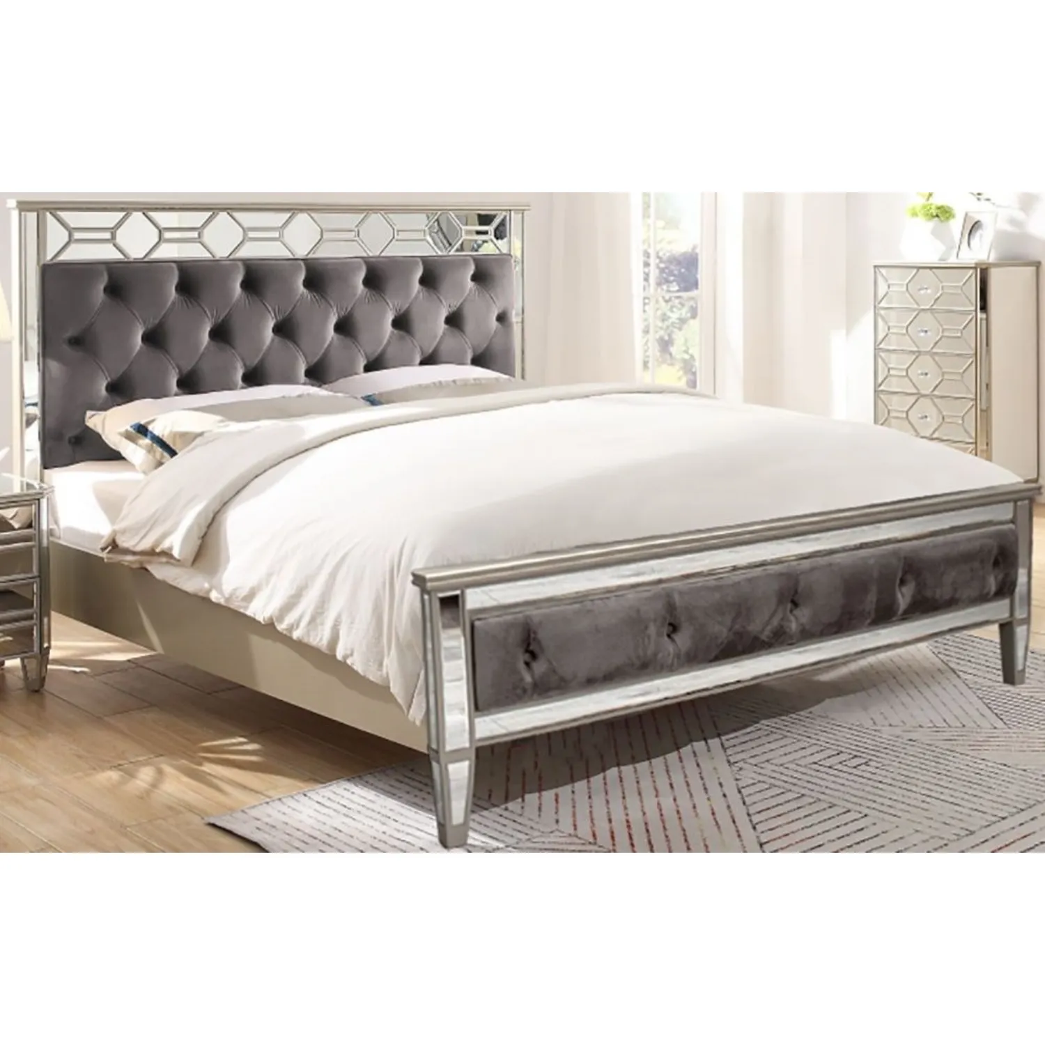 Silver Mirrored Glass Upholstered King Size Bed